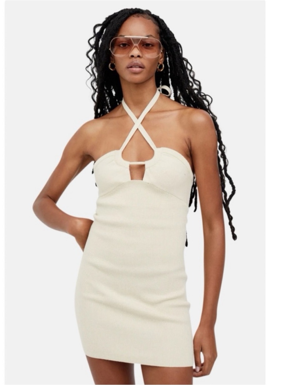 For Love & Lemons Mona Knit Halter Neck Mini Dress Ivory S $153